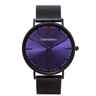【THEODORA’S 希奧朵拉】Hera 簡約中性款金屬手錶 藍紫面-米蘭黑(男錶 女錶 簡約手錶)