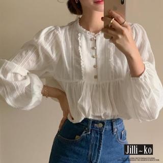【JILLI-KO】法式復古文藝浪漫女蕾絲燈籠袖寬鬆襯衫-F(白)