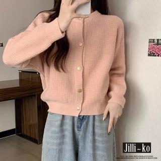 【JILLI-KO】奶系甜美慵懶風針織開衫女短款毛衣外套-F(粉/黃/藍)
