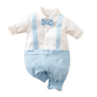 【JoyNa】寶寶西裝 長袖連身衣 男寶寶禮服 長袖包屁衣(收涎禮服.淺藍領結款)