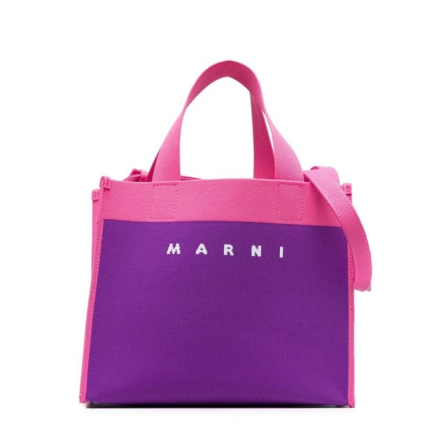【MARNI】時尚撞色紫拼粉 Logo 托特包(紫)