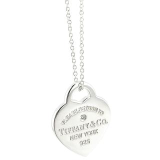 【Tiffany&Co. 蒂芙尼】925純銀-單顆鑽RTT刻字心牌墜飾女用頸鍊項鍊
