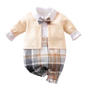 【JoyNa】寶寶西裝 長袖連身衣 男寶寶禮服 長袖包屁衣(收涎禮服.黃色格子款)