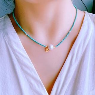 【KT DADA】項鍊 珍珠項鍊 細項鍊 天然綠松石 項鍊 珍珠鎖骨鏈 女生飾品 串珠項鍊 短項鍊 鎖骨鍊