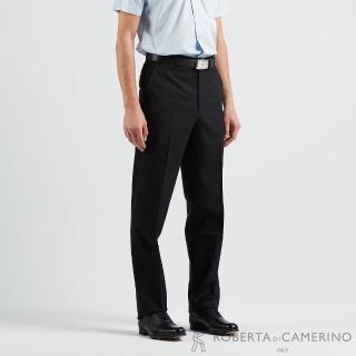【ROBERTA 諾貝達】台灣製男裝 藍色細條紋 羊毛平口西裝褲(黑)