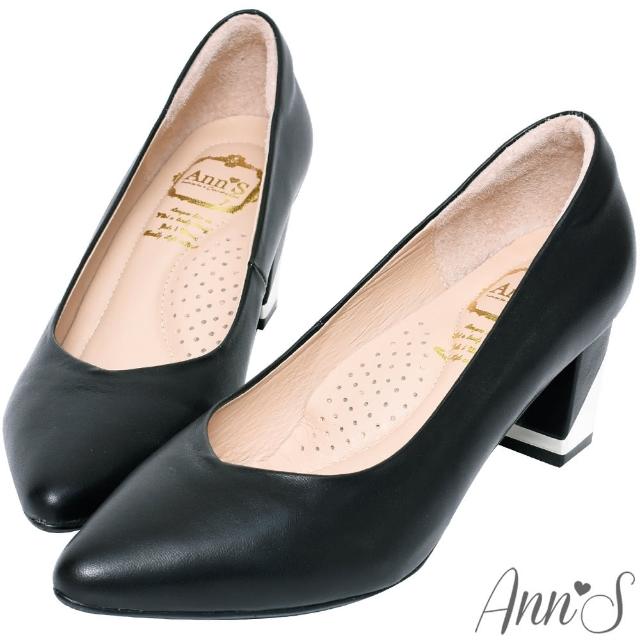 【Ann’S】上班族必備-小羊皮顯瘦V口電鍍尖頭粗跟包鞋6cm(黑)