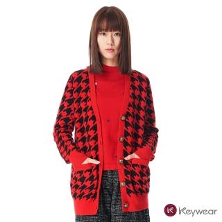 【KeyWear 奇威名品】時尚千鳥格羊毛外套(紅色)