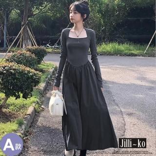 【JILLI-KO】法式赫本風顯瘦方領 洋裝 連衣裙 長裙-F(多款任選)