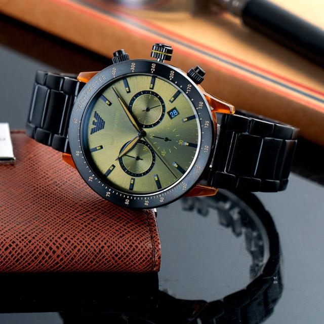 【EMPORIO ARMANI】亞曼尼 公司貨 引領風潮三眼計時不鏽鋼腕錶/黑x綠面(AR11548)