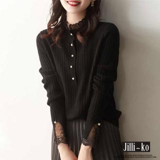 【JILLI-KO】時尚設計款女蕾絲長袖坑條針織衫-F(黑)