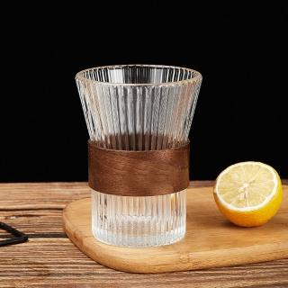 【好拾物】耐熱玻璃 直條紋水杯 隔熱木紋水杯 玻璃水杯 玻璃杯(300ML)