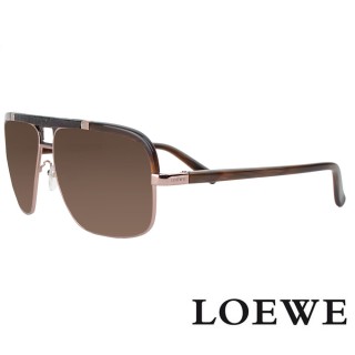 【LOEWE 羅威】西班牙皇室品牌皮革細節方框太陽眼鏡(琥珀/金 SLW404V-08NS)