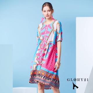 【GLORY21】速達-網路獨賣款-圓領寬版法系幾何印花洋裝(彩色)