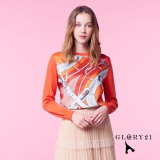 【GLORY21】速達-網路獨賣款-飾釦印圖拼接針織上衣(橘色)