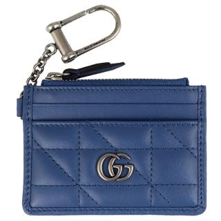 【GUCCI 古馳】雙G標誌縫線牛皮鑰匙圈卡片拉鍊零錢包(藍色)