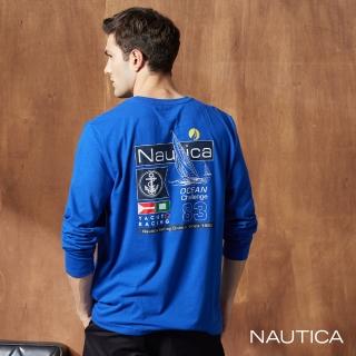 【NAUTICA】男裝 航海印花休閒長袖T恤(藍)