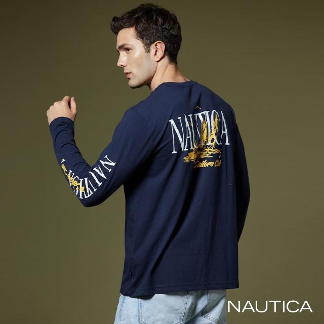 【NAUTICA】男裝 品牌文字印花長袖T恤(深藍)