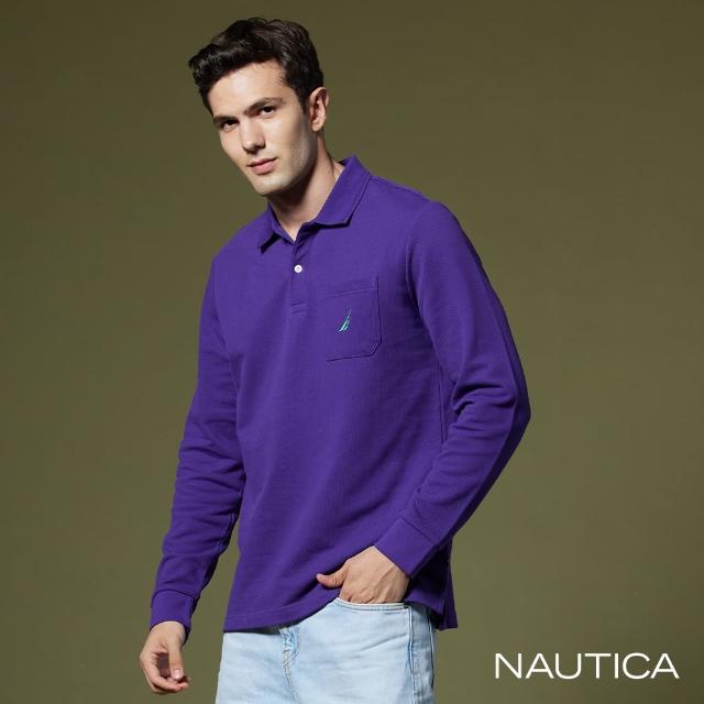 【NAUTICA】男裝 品牌LOGO刺繡口袋長袖POLO衫(紫)