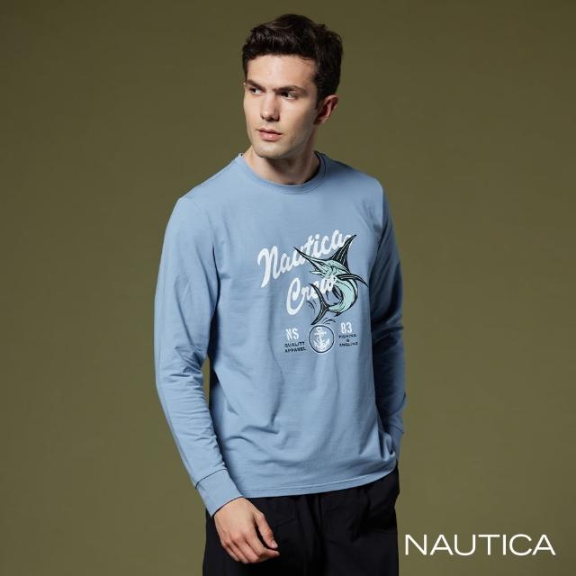 【NAUTICA】男裝 率性旗魚印花長袖T恤(藍)