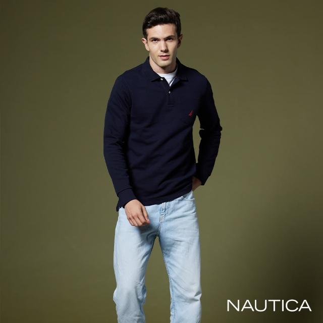 【NAUTICA】男裝 品牌LOGO刺繡口袋長袖POLO衫(深藍)