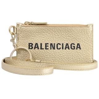 【Balenciaga 巴黎世家】簡約經典LOGO小牛皮可拆斜背/掛式信用卡零錢包(金)