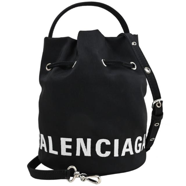 【Balenciaga 巴黎世家】簡約電繡LOGO素雅帆布迷你手提水桶包兩用包(黑)