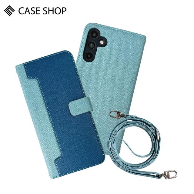 【CASE SHOP】Samsung A15 前收納皮套背帶組-藍(內附背帶掛繩、解放你的雙手)