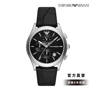 【EMPORIO ARMANI 官方直營】Paolo 經典炫黑魅力計時手錶 黑色真皮錶帶 42MM AR11530