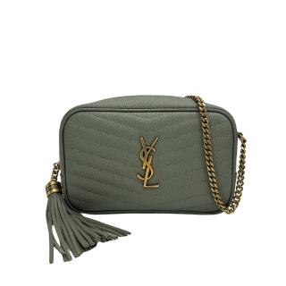 【YSL】Monogram 粒紋牛皮金logo拉鍊流蘇斜背包(612579-草綠)