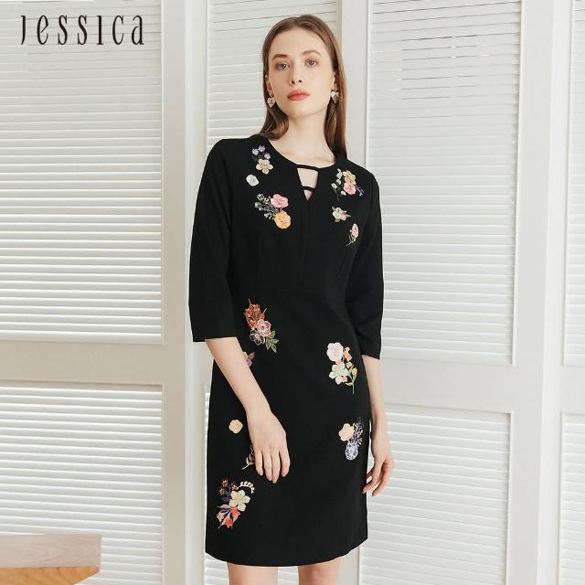 【JESSICA】高雅刺繡花卉收腰顯瘦長袖洋裝235706