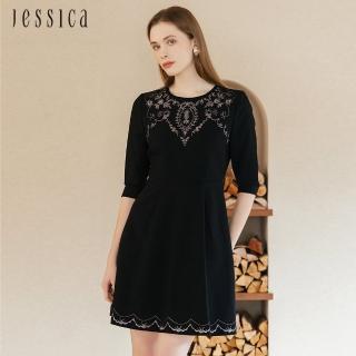 【JESSICA】素雅花卉刺繡收腰七分袖洋裝235708