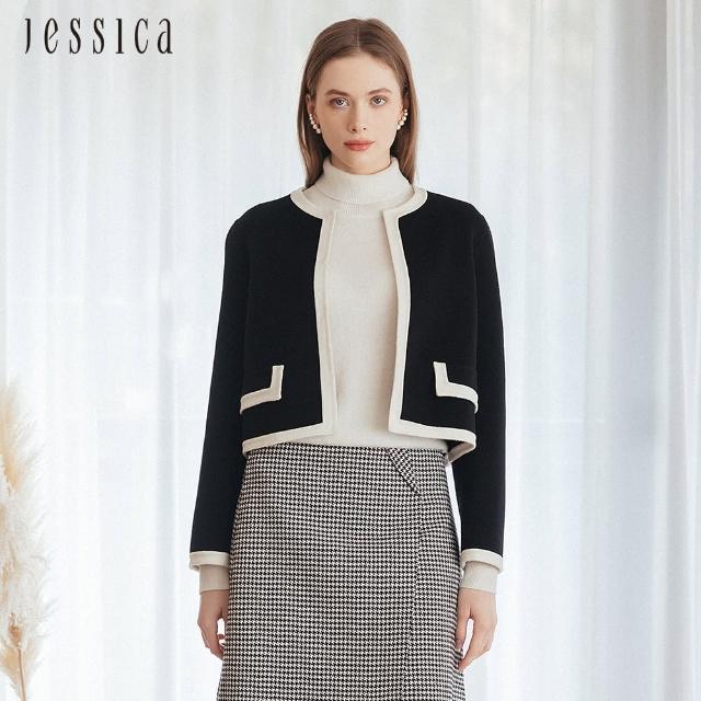 【JESSICA】簡約百搭撞色邊短版羊毛外套J35003