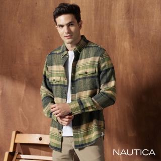 【NAUTICA】男裝 復古綠格紋長袖襯衫(綠)