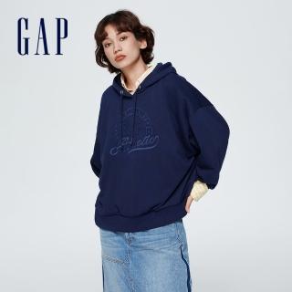 【GAP】女裝 Logo印花帽T 碳素軟磨法式圈織系列-海軍藍(873743)