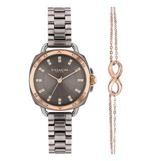 【COACH】LOGO錶圈 灰色款 晶鑽刻度 小錶徑腕錶 不鏽鋼錶帶 28mm 女錶 【贈玫瑰金無線手鍊】(14504155)