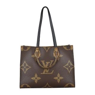 【Louis Vuitton 路易威登】LV M45321 ONTHEGO MM花紋LOGO撞色設計帆布釦式手提肩背包(咖啡x淺咖啡)