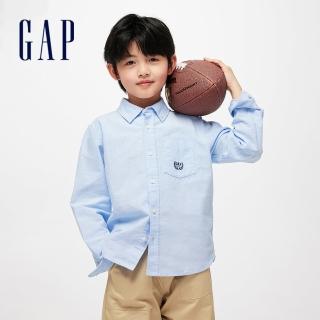 【GAP】男童裝 Logo純棉印花翻領長袖襯衫-藍色(890213)