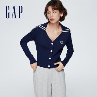 【GAP】女裝 Logo印花V領短版針織衫-海軍藍(890003)