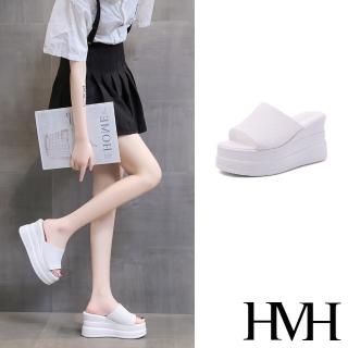 【HMH】坡跟拖鞋 厚底拖鞋/舒適彈力飛織布面厚底坡跟拖鞋(白)