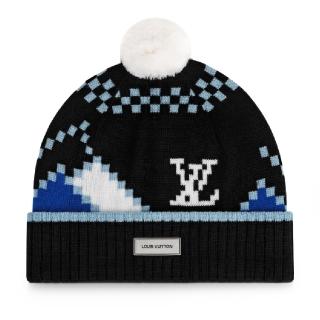 【Louis Vuitton 路易威登】M77990 山羊絨縫製LV SNOW系列幾何風美學羅紋翻邊冷帽/毛帽(黑色)