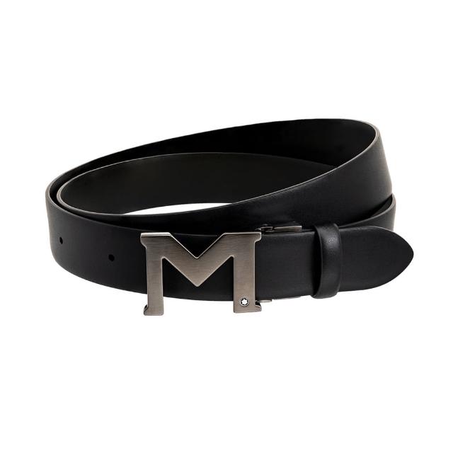 【MONTBLANC 萬寶龍】M logo 啞光黑色牛皮皮帶