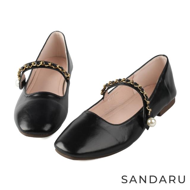 【SANDARU 山打努】瑪莉珍 方頭金鍊珍珠平底鞋(黑)