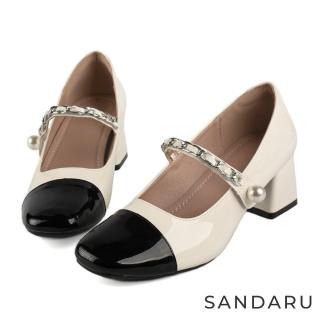 【SANDARU 山打努】跟鞋 撞色銀鍊珍珠瑪莉珍鞋(白)