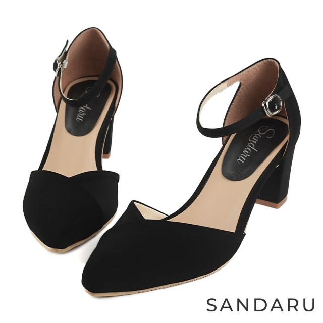 【SANDARU 山打努】中跟鞋 法式美型壓摺尖頭瑪麗珍鞋(黑)