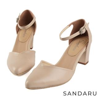 【SANDARU 山打努】中跟鞋 法式美型壓摺尖頭瑪麗珍鞋(米)