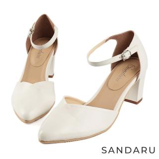 【SANDARU 山打努】中跟鞋 法式美型壓摺尖頭瑪麗珍鞋(白)
