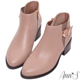 【Ann’S】波琳-真皮小羊皮切爾西圓釦帶粗跟短靴5cm-版型偏小(卡其)