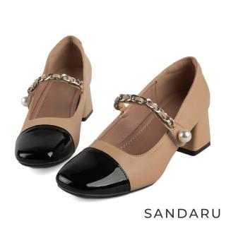 【SANDARU 山打努】跟鞋 撞色銀鍊珍珠瑪莉珍鞋(卡其)