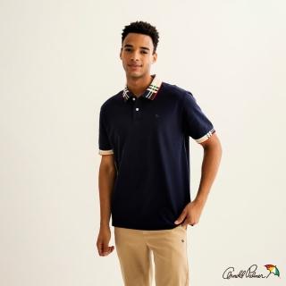 【Arnold Palmer 雨傘】男裝-寬鬆格紋拼接POLO衫(深藍色)