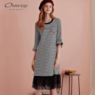 【OUWEY 歐薇】條紋織蔥紗裙拼接七分袖洋裝(黑)